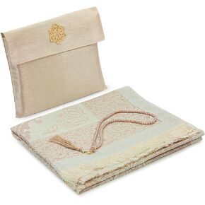 Muslim Prayer Rug and Beads with Elegant Slub Fabric Bag | Janamaz | Sajadah | Soft Islamic Prayer Rug | Islamic Gifts | Prayer Carpet Mat, Taffeta Fabric, Ecru in Kuwait