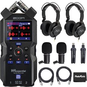Zoom H4essential 4-Track Handy Recorder Bundle with 2x Zoom ZDM-1 Podcast Dynamic Microphone, ZHP-1 Headphones, TPS-4 Tripod, Windscreen, XLR Cable