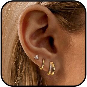 3Pairs 14K Gold Hoop Stud Earrings Set for Women CZ Hypoallergenic Double Small Huggie Hoop Earrings Cartilage Stud Earrings Jewelry for Multiple Piercing