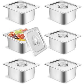 6 Set Hotel Pan 1/6 Size 6 Inch Deep Stainless Steam Table Pans with Lids Stackable Commercial Anti Jam Metal Steam Tray Catering Food Storage Steel Pan for Hotel Restaurant Buffet Party Supplies