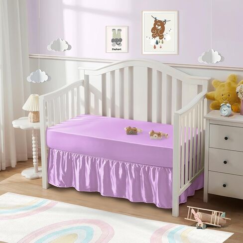 SiinvdaBZX 2-Piece Set Satin Crib Sheets & Crib Bed Skirt, Pink | 52" x 28" Silky Soft Ruffled Baby Crib Skirt with Adjustable Elastic 14" Drop, Fit for Standard Crib & Toddler Bedding in Saudi Arabia