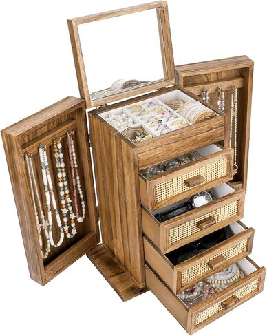 Jewelry Organizer, Rattan Jewelry Box, 5 Layer Wooden Jewelry Organizer Box with Mirror, Jewelry Boxes with 4 Drawers for Women Men, Black Jewelry Storage for Rings Earrings Necklaces Bracelets Watch in Kuwait