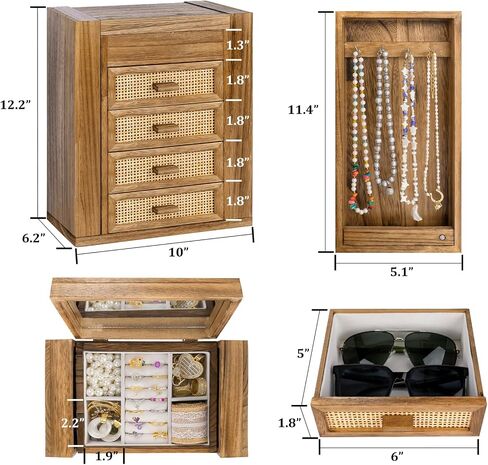 Jewelry Organizer, Rattan Jewelry Box, 5 Layer Wooden Jewelry Organizer Box with Mirror, Jewelry Boxes with 4 Drawers for Women Men, Black Jewelry Storage for Rings Earrings Necklaces Bracelets Watch in Kuwait