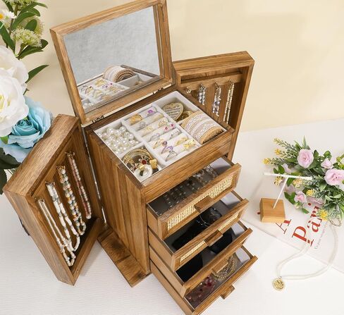 Jewelry Organizer, Rattan Jewelry Box, 5 Layer Wooden Jewelry Organizer Box with Mirror, Jewelry Boxes with 4 Drawers for Women Men, Black Jewelry Storage for Rings Earrings Necklaces Bracelets Watch in Kuwait
