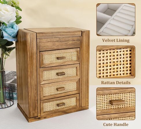 Jewelry Organizer, Rattan Jewelry Box, 5 Layer Wooden Jewelry Organizer Box with Mirror, Jewelry Boxes with 4 Drawers for Women Men, Black Jewelry Storage for Rings Earrings Necklaces Bracelets Watch in Kuwait