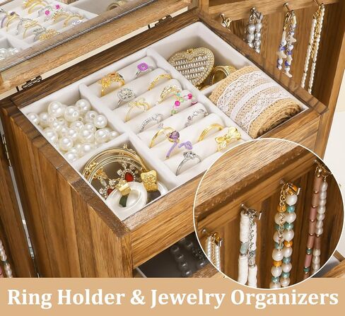 Jewelry Organizer, Rattan Jewelry Box, 5 Layer Wooden Jewelry Organizer Box with Mirror, Jewelry Boxes with 4 Drawers for Women Men, Black Jewelry Storage for Rings Earrings Necklaces Bracelets Watch in Kuwait