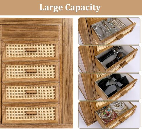 Jewelry Organizer, Rattan Jewelry Box, 5 Layer Wooden Jewelry Organizer Box with Mirror, Jewelry Boxes with 4 Drawers for Women Men, Black Jewelry Storage for Rings Earrings Necklaces Bracelets Watch in Kuwait