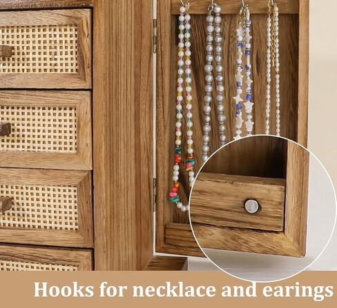 Jewelry Organizer, Rattan Jewelry Box, 5 Layer Wooden Jewelry Organizer Box with Mirror, Jewelry Boxes with 4 Drawers for Women Men, Black Jewelry Storage for Rings Earrings Necklaces Bracelets Watch in Kuwait