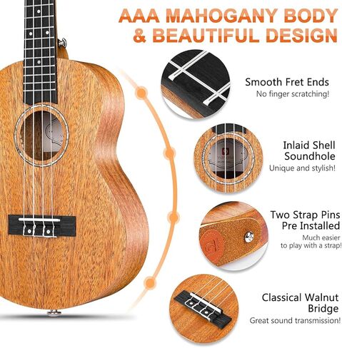 Vangoa Dark Concert Ukelele 23" Adult Beginner Set, KOA Acacia 23 Inch Ukelele Kit, Professional Acoustic Ukulele for Adults Kids, Hawaiian Uke Starter Kit in Kuwait