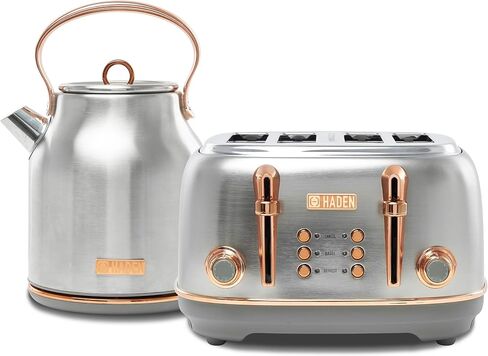 Haden 4 Slice Wide Slot Toaster with Removable Crumb Tray and 1.7L Stainless Steel Body Retro Electric Kettle Kitchen Appliance Set, Black/Chrome in Saudi Arabia