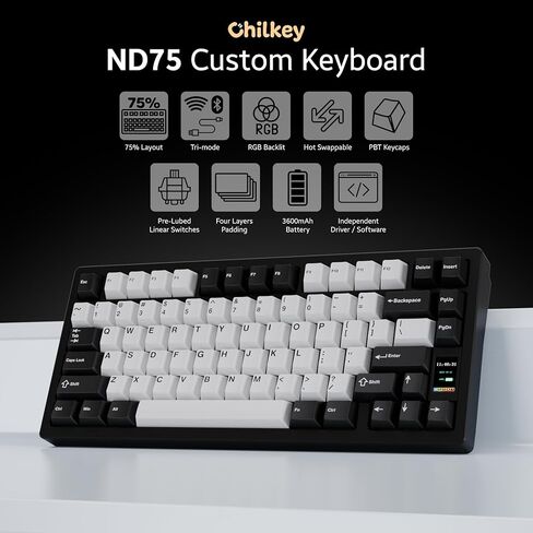 Chilkey ND75 Aluminum Keyboard 75% Percent Wireless Gaming Mechanical Keyboard with LCD Screen, Quick Assembly, BT/2.4G/USB-C, Hot Swappable Per-Key RGB Custom Keyboard for Windows, MacOS in Kuwait