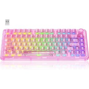 Wireless Mechanical Gaming Keyboard, Full Transparent RGB Backlit 80 Keys Gasket Hot Swap Linear Switch Quiet Keyboard with Multimedia Knob, 4000mAh Battery, 3 Modes BT5.0/2.4G/USB-C for WIN/MAC, Pink