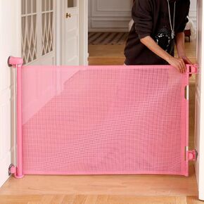 White Rotary Knob Dog Gate (33" Tall x 55" Wide) Retractable Baby Gate Mesh Pet Gate for Puppy Dogs Cat Gate for Doorway/Stairs/Indoor and Outdoor Toddler Child Safety Door