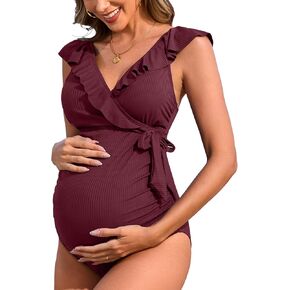Charmo Ribbed Maternity Swimsuit Ruffle V Neck Side Tie Knot One Piece Pregnancy Bathing Suit Push up Swimwear for Women in Kuwait