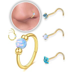 Pink Opal Nose Rings Hoop and L-Shaped Nose Studs Set for Women Men,Hypoallergenic 316L Surgical Stainless Steel Hinged Clicker Segment Piercing Jewelry Helix Cartilage Daith Tragus Sleeper Earrings