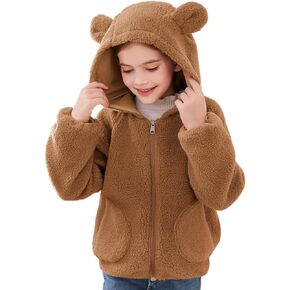 Haloumoning Toddler Little Girls Fleece Jacket Kids Winter Cute Teddy Coat Zip Up Hoodie with Pockets