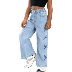 Floerns Toddler Girl's Y2k Bowknot Print Jeans Elastic Waist Straight Leg Denim Pants