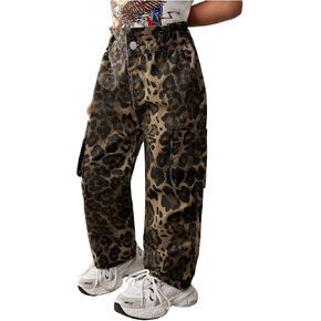 Floerns Toddler Girl's Leopard Cargo Jeans Flap Pocket Street Straight Leg Denim Pants
