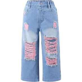Floerns Toddler Girl's Y2k Distressed Jeans High Waisted Wide Leg Ripped Denim Pants