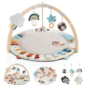 Blissful Diary Baby Play Gym & Mat, 5 Developmental Zones Baby Activity Mat, Wooden Tummy Time Mat with 6 Detachable Sensory Toys for Motor Skills & Sensory Development, Baby Essentials Shower Gift