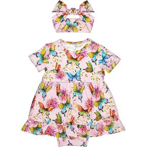 Infant Baby Girl Bodysuit Dress with Hairband Set, Bamboo Viscose Summer Clothes Outfit