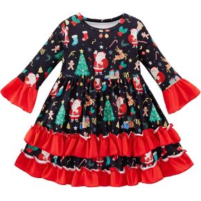 فستان عيد الميلاد للفتيات الصغيرات، فستان فتاة صغيرة بأكمام واسعة، رجل خبز الزنجبيل، سانتا كاندي، طباعة مكشكشة لعيد الميلاد in Kuwait