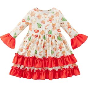 Toddler Baby Girls Christmas Dress Little Girl Flared Sleeve Gingerbread Man Santa Candy Print Ruffled Xmas Outfit