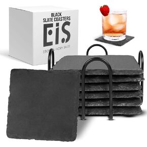 Slate Coasters Set of 6-4" Enamel Coated Stone Coasters for Drinks, Black Coasters with Holder & Scratch-Free Clips, Blank Coasters with Chalks and Felt Bag Included
