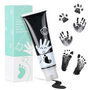 75ml Black Baby Hand and Footprint Ink Kit, Baby Handprint Footprint Paint, Dog Cat Paw Print Kit, Washable, Non Toxic Acid-Free, Safe Gentle for Home Christmas New Year DIY Keepsake Stamp