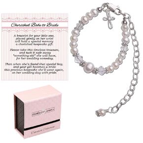 14K Gold-Plated Cherished Babe to Bride Cross Bracelet Gift for Infant Baby Baptism, Christening or Dedication with Cultured Pearls