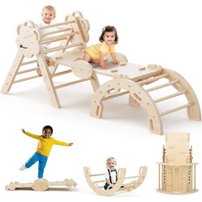 COSYLAND Pikler Triangle Set - 8 in 1 Large Montessori Climbing Toys for Indoor - Wooden Foldable Jungle Gym for Toddler & Baby, CPC/SOR/CE Certified Enjoys Unique Patented Design, Rainbow