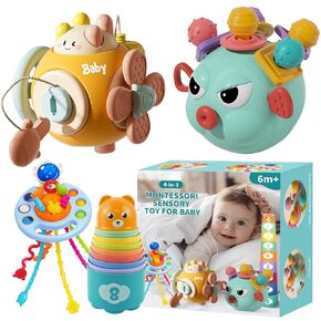 Baby Toys 6 to 12 Month, 4 in 1 Montessori Toys Set, Sensory Toys for Babies, Infant Toys Include Busy Cube, Silicone Pull String, Stacking Cups and More, Gift for 1 Year Old Boy and Girl