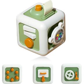 Baby Busy Cube, Montessori Toys for 1 Year Old, 2024 Newest Montessori Busy Cube for Toddlers 1-3, Car Travel Airplane Toys for 1 Year Old Boy Girl, 6 in 1 Activity Cube (Green)
