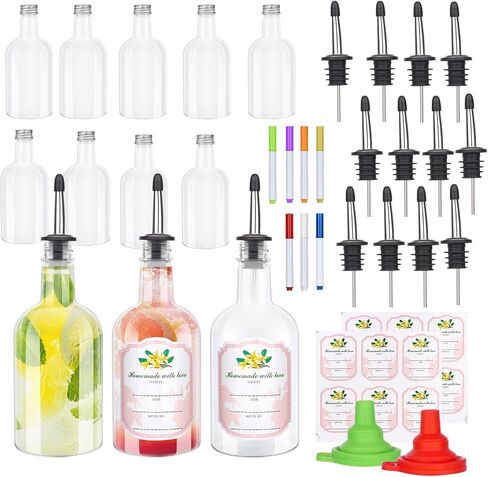 Dualshine 12 Pcs Plastic Long Neck Bottles 32 oz Syrup Bottles with Liquor Pour Spout and Caps Juice Pour Bottles with Stainless Steel Bottle Pourer for Liquor,Syrup,Juice,Bars in Saudi Arabia