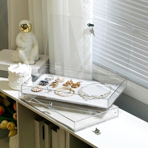 Huquary 2 Pcs Acrylic Locking Jewelry Display Case Clear Ring Earring Necklace Bracelet Jewelry Display Case Locking Security Showcase with Lock and Key for Trade Show Retail Display Case in Saudi Arabia