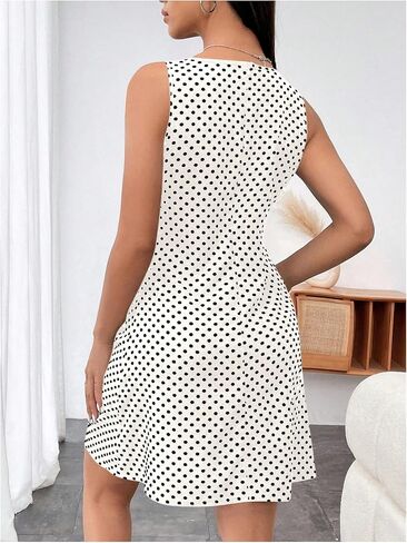 Women's Polka Dots V Neck Tank Dress Sleeveless Summer A Line Dresses Sexy Mini Dress in Saudi Arabia
