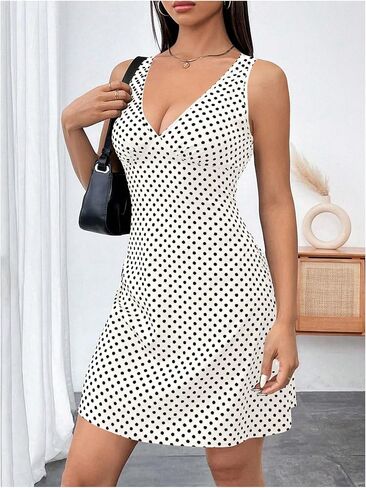 Women's Polka Dots V Neck Tank Dress Sleeveless Summer A Line Dresses Sexy Mini Dress in Saudi Arabia