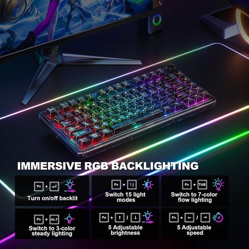 لوحة مفاتيح ألعاب ميكانيكية لاسلكية، لوحة مفاتيح هادئة بإضاءة خلفية RGB شفافة كاملة 80 مفتاحًا، مفتاح خطي قابل للتبديل السريع مع مقبض وسائط متعددة، بطارية 4000 مللي أمبير في الساعة، 3 أوضاع BT5.0/2.4G/USB-C لـ WIN/MAC، وردي in Kuwait