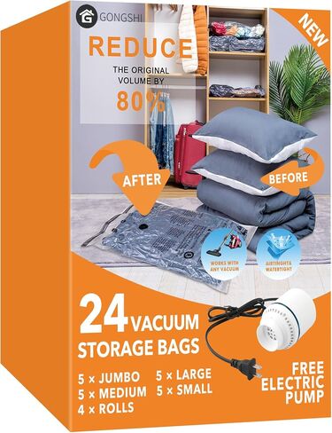 24 Pack Vacuum Storage Bags with Electric Pump, (5 Jumbo, 5 Large, 5 Medium, 5 Small, 4 Roll Up Bags) Space Saver Bag for Clothes, Mattress, Blanket, Duvets, Pillows, Comforters,Travel… in Saudi Arabia