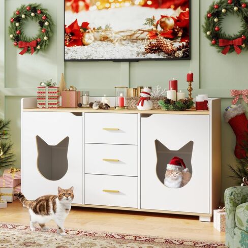 YITAHOME Cat Litter Box Enclosure with Double Room for 2 Cats, Hidden Cat Litter Box Enclosure Furniture with 2 Storage Cabinet, 1 Cat House, Cute Modern Cat Furniture, White, 35.4" L x 18" W x 55" H in Saudi Arabia