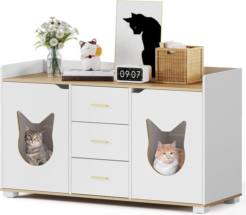 YITAHOME Cat Litter Box Enclosure with Double Room for 2 Cats, Hidden Cat Litter Box Enclosure Furniture with 2 Storage Cabinet, 1 Cat House, Cute Modern Cat Furniture, White, 35.4" L x 18" W x 55" H in Saudi Arabia