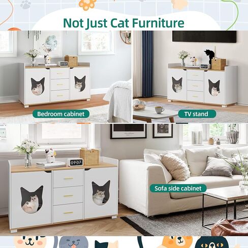YITAHOME Cat Litter Box Enclosure with Double Room for 2 Cats, Hidden Cat Litter Box Enclosure Furniture with 2 Storage Cabinet, 1 Cat House, Cute Modern Cat Furniture, White, 35.4" L x 18" W x 55" H in Saudi Arabia