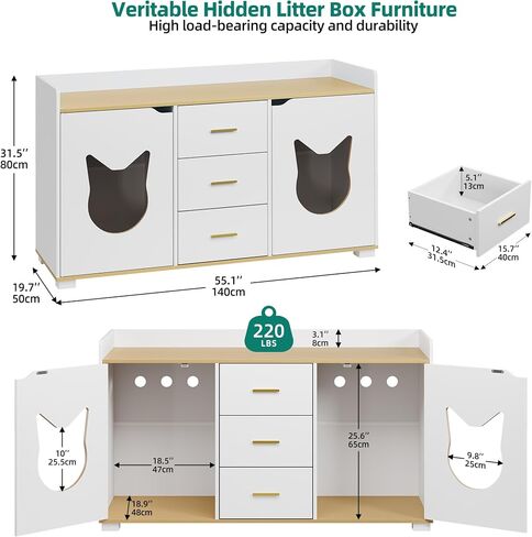 YITAHOME Cat Litter Box Enclosure with Double Room for 2 Cats, Hidden Cat Litter Box Enclosure Furniture with 2 Storage Cabinet, 1 Cat House, Cute Modern Cat Furniture, White, 35.4" L x 18" W x 55" H in Saudi Arabia
