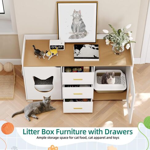 YITAHOME Cat Litter Box Enclosure with Double Room for 2 Cats, Hidden Cat Litter Box Enclosure Furniture with 2 Storage Cabinet, 1 Cat House, Cute Modern Cat Furniture, White, 35.4" L x 18" W x 55" H in Saudi Arabia