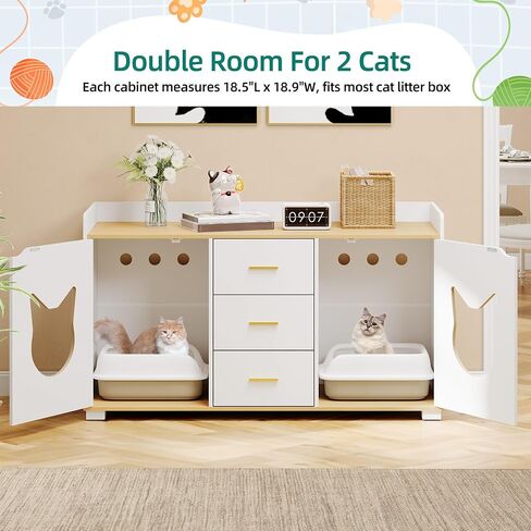 YITAHOME Cat Litter Box Enclosure with Double Room for 2 Cats, Hidden Cat Litter Box Enclosure Furniture with 2 Storage Cabinet, 1 Cat House, Cute Modern Cat Furniture, White, 35.4" L x 18" W x 55" H in Saudi Arabia