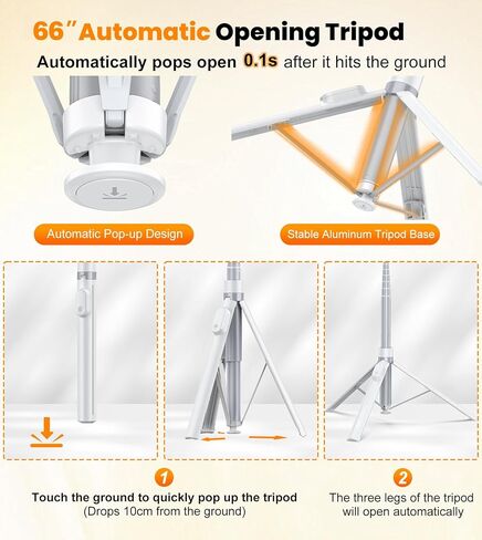 حامل ثلاثي تلقائي TONEOF مقاس 66 بوصة، حامل ثلاثي للهاتف يفتح تلقائيًا مع جهاز تحكم مغناطيسي قابل لإعادة الشحن، حامل ثلاثي القوائم لعصا سيلفي 360 درجة عموديًا وأفقيًا قابل للدوران، حامل ثلاثي ثابت للسفر لهاتف iPhone/Android (أبيض) in Kuwait
