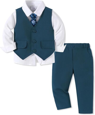 SANMIO Boy Suit Toddler Boys Formal Dress Outfit Shirt+Printed Tie+Vest+Pants Baby Tuxedo Boys Wedding Clothes in Saudi Arabia