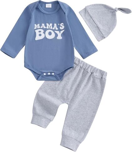 Ayalinggo Newborn Baby Boy Clothes Mamas Boy Long Sleeve Romper 3pcs Pant Set Fall Winter Coming Home Outfit With Hat in Saudi Arabia