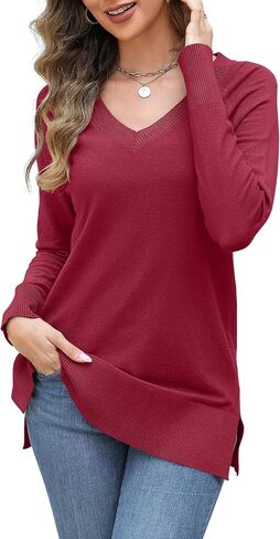 OUGES Women's Sweaters Split Side Long Sleeve V Neck 2024 Fall Maternity Clothes Ribbed Knit Trendy Pullover Tops in Saudi Arabia