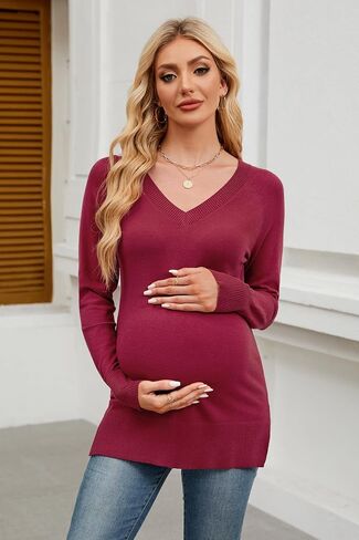 OUGES Women's Sweaters Split Side Long Sleeve V Neck 2024 Fall Maternity Clothes Ribbed Knit Trendy Pullover Tops in Saudi Arabia